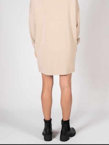 Taupe Scuba Cowl Neck Dress With Pockets