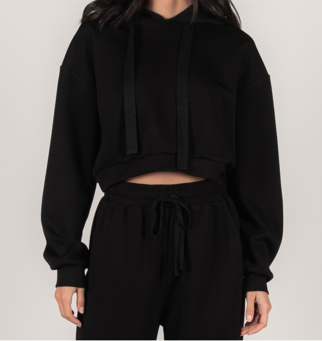 Black Scuba Cropped Hoodie Top