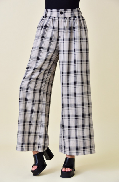 High Rise Ruched Waist Wide Leg Trouser /  Black Multi Plaid