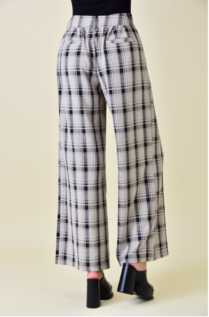 High Rise Ruched Waist Wide Leg Trouser /  Black Multi Plaid