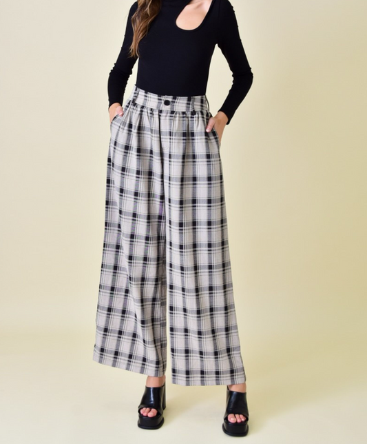 High Rise Ruched Waist Wide Leg Trouser /  Black Multi Plaid