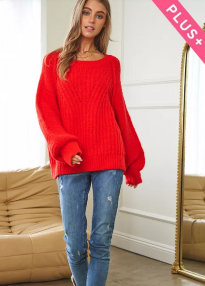 Tomato Fuzzy Textured Sweater Dropped Shoulder Available in PLUS SIZE