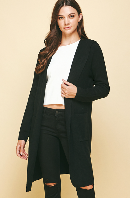 Open Black Knit Cardigan - Front Pockets, Hooded