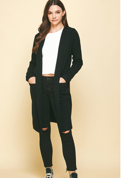 Open Black Knit Cardigan - Front Pockets, Hooded