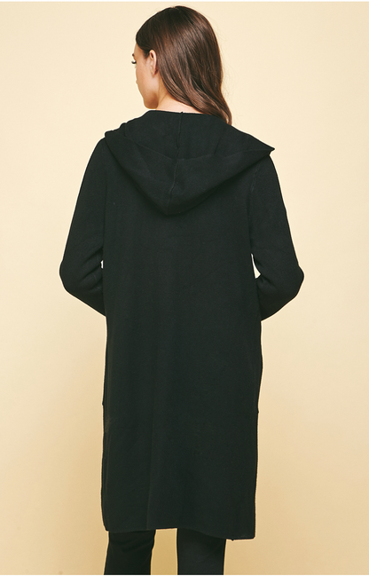 Open Black Knit Cardigan - Front Pockets, Hooded