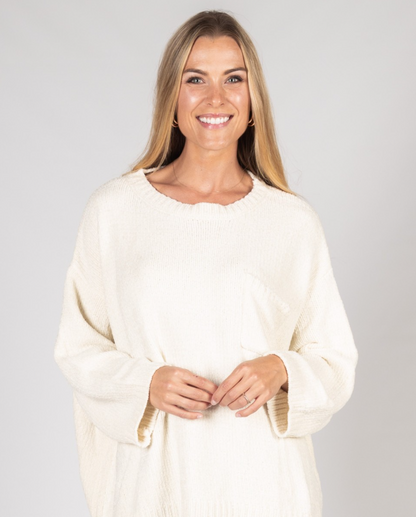 Cream Chenille Knit Sweater Top with Front Pocket