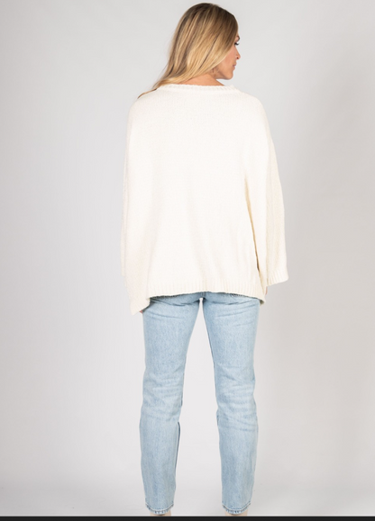 Cream Chenille Knit Sweater Top with Front Pocket