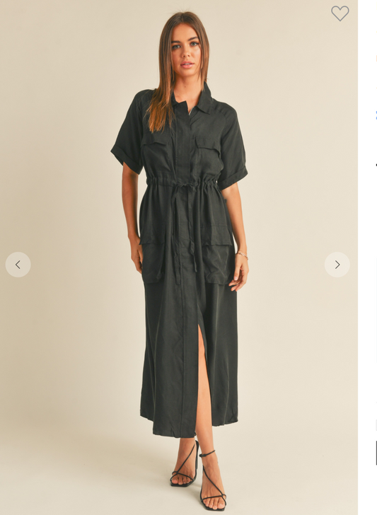 Black Tie Front Long Shirt Dress