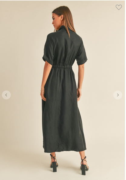 Black Tie Front Long Shirt Dress