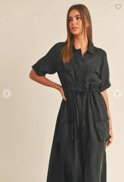 Black Tie Front Long Shirt Dress