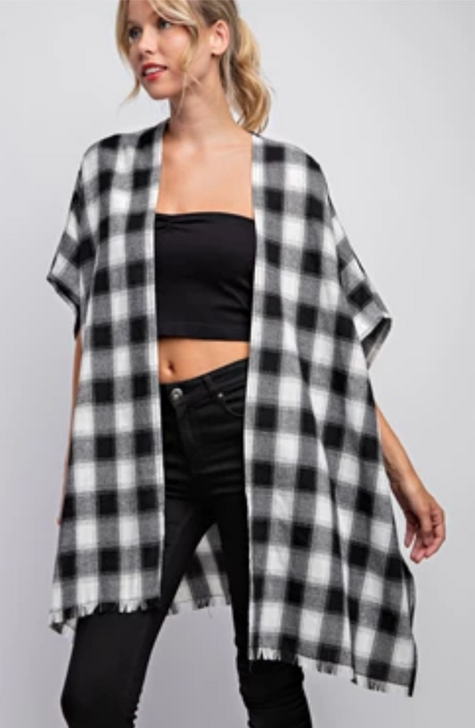 Plaid Open Poncho Cardigan