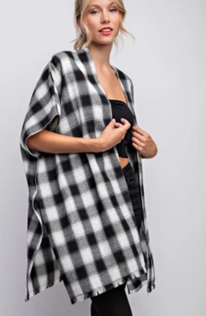 Plaid Open Poncho Cardigan