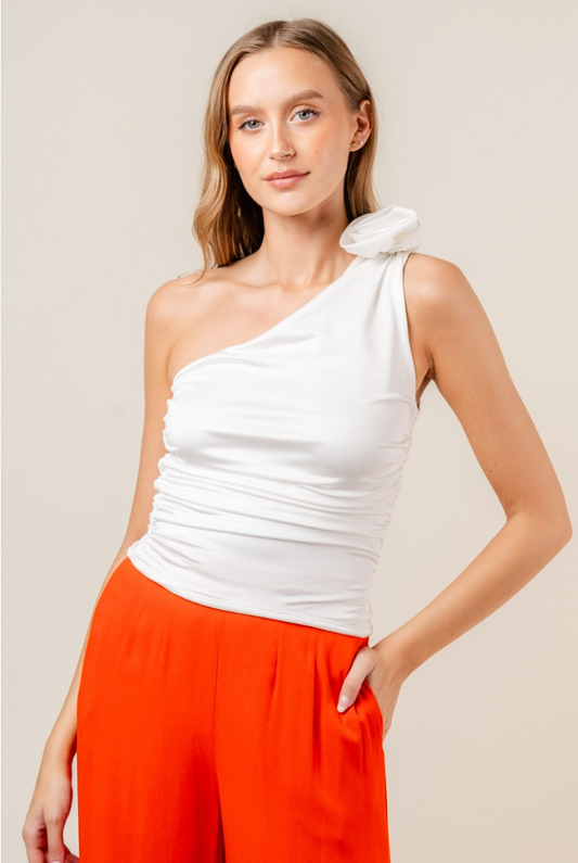 Rosette Asymmetrical One Shoulder Top