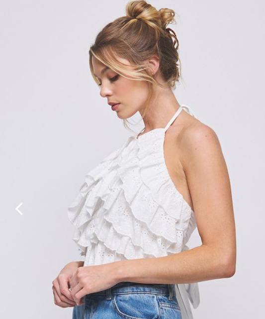 White Eyelet Ruffle Backless Top