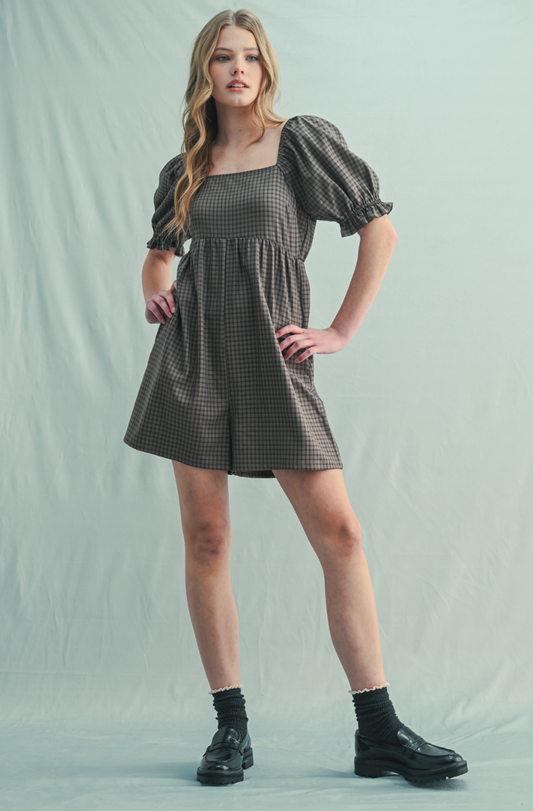 Plaid Square Neck Romper