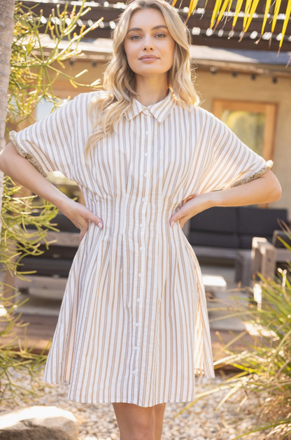 Pleated Waist Striped Mini Flare Shirt Dress