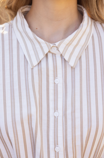 Pleated Waist Striped Mini Flare Shirt Dress