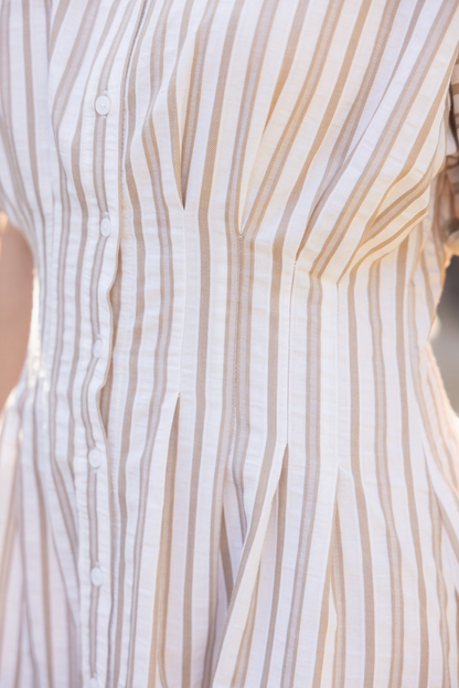Pleated Waist Striped Mini Flare Shirt Dress