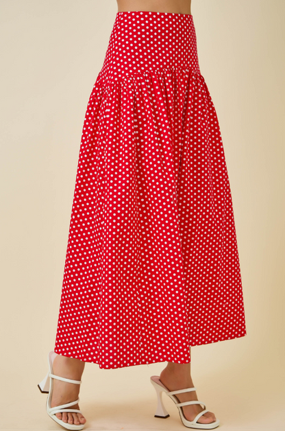 Polka Dot Curved Yoke Maxi Skirt