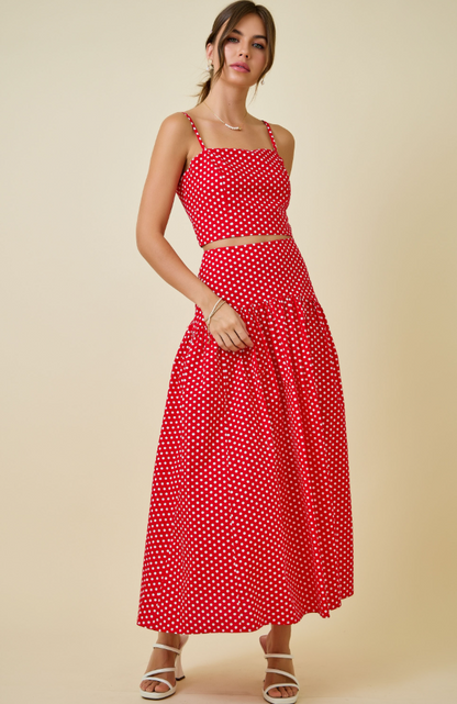 Polka Dot Curved Yoke Maxi Skirt