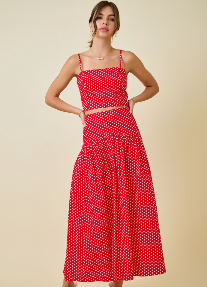 Polka Dot Curved Yoke Maxi Skirt