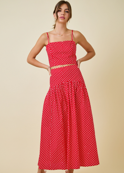 Polka Dot Curved Yoke Maxi Skirt
