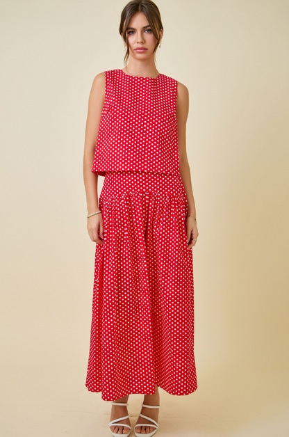 Polka Dot Curved Yoke Maxi Skirt