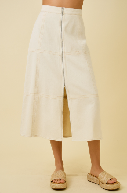 Denim Center Front Zipper Midi Skirt