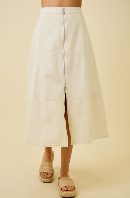Denim Center Front Zipper Midi Skirt