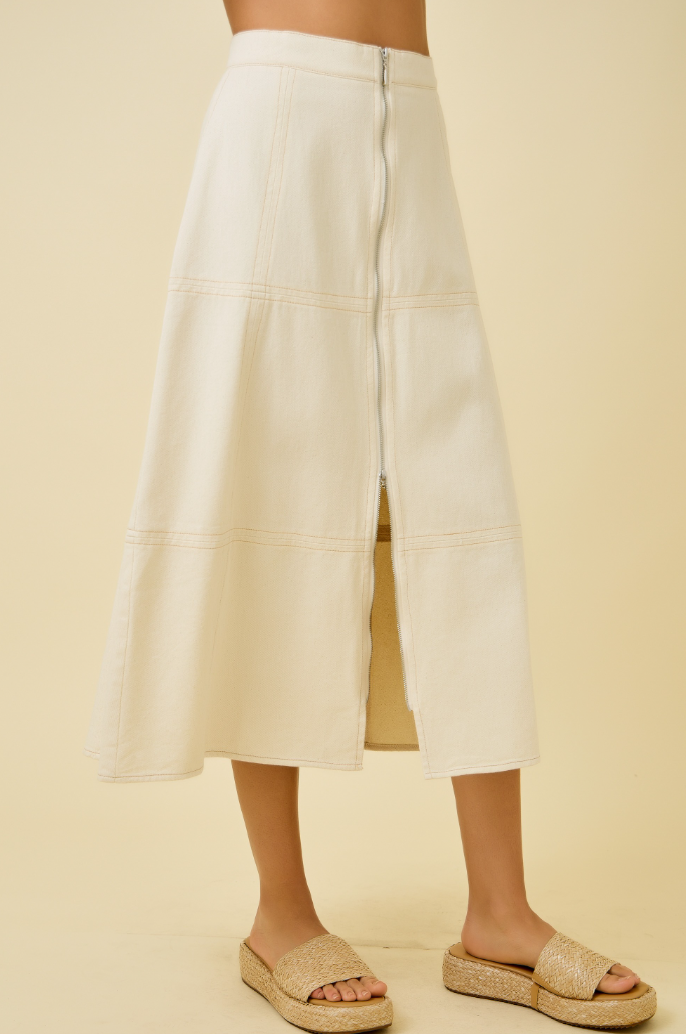 Denim Center Front Zipper Midi Skirt