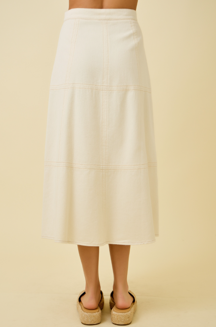 Denim Center Front Zipper Midi Skirt