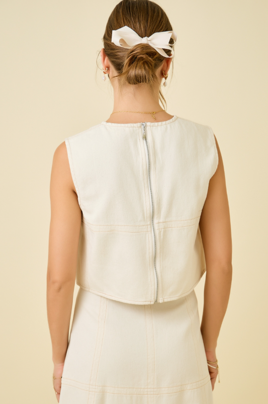 Denim Top With Zipper & Stitch Detail