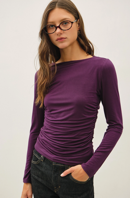 Eggplant Boat Neck Ruched Knit Top