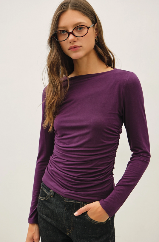 Eggplant Boat Neck Ruched Knit Top