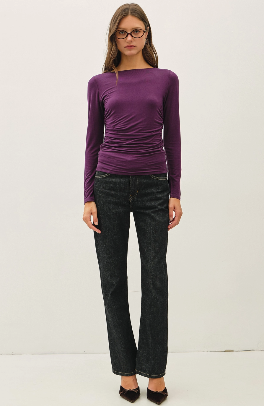 Eggplant Boat Neck Ruched Knit Top