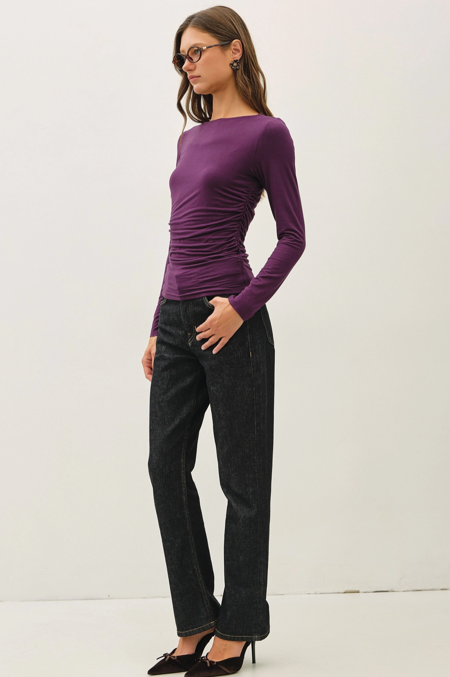 Eggplant Boat Neck Ruched Knit Top