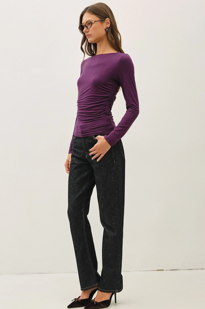 Eggplant Boat Neck Ruched Knit Top