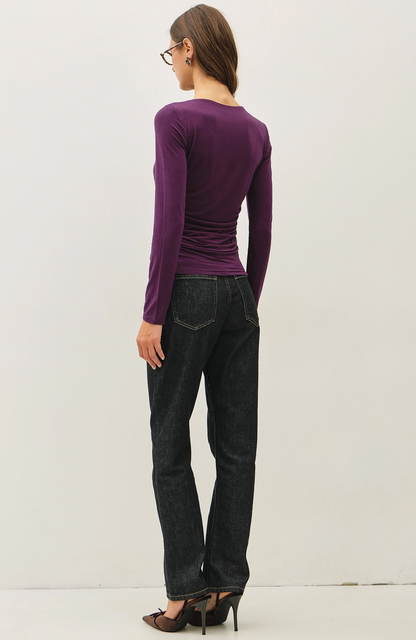 Eggplant Boat Neck Ruched Knit Top