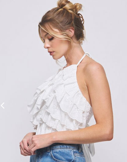 White Eyelet Ruffle Backless Top