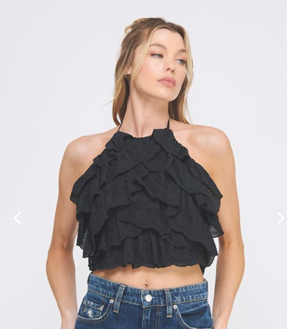 White Eyelet Ruffle Backless Top