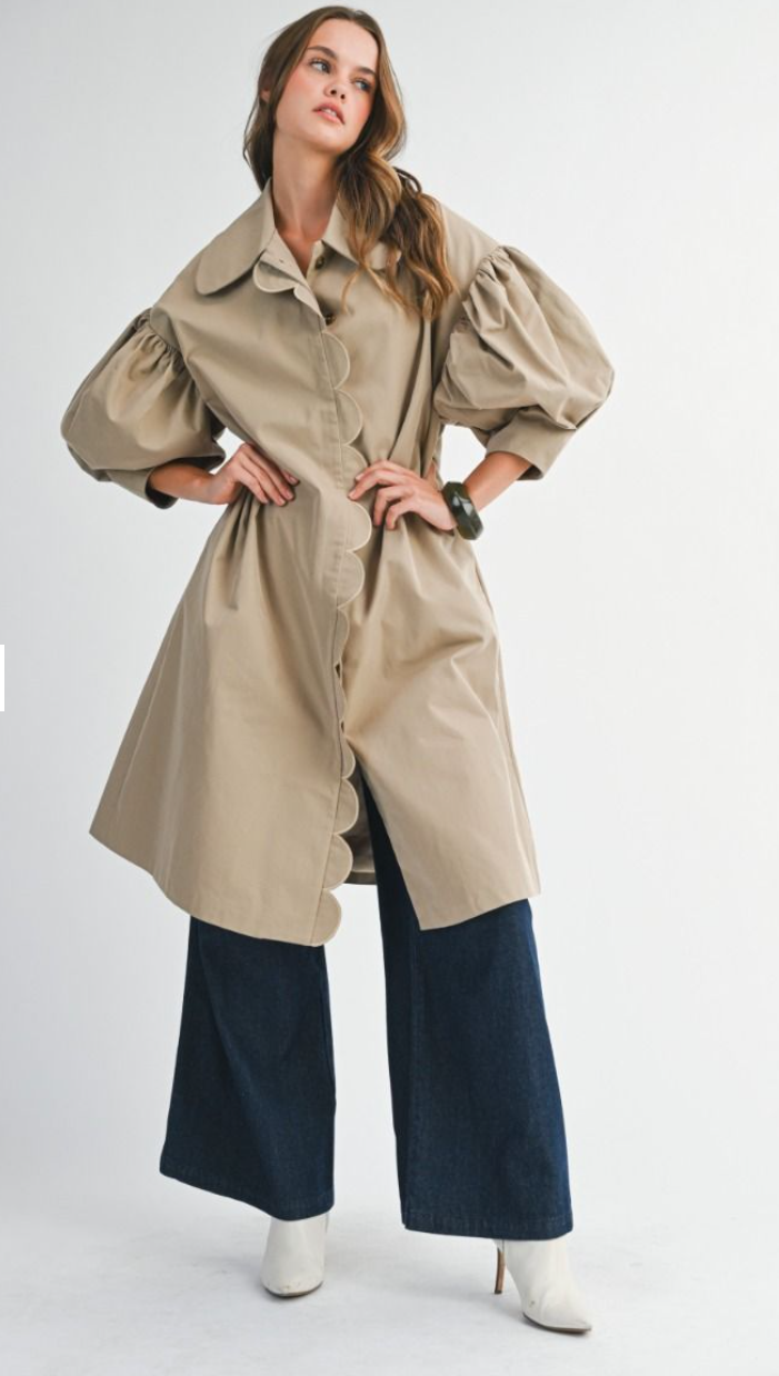 Scallop Balloon Sleeve Trench Coat
