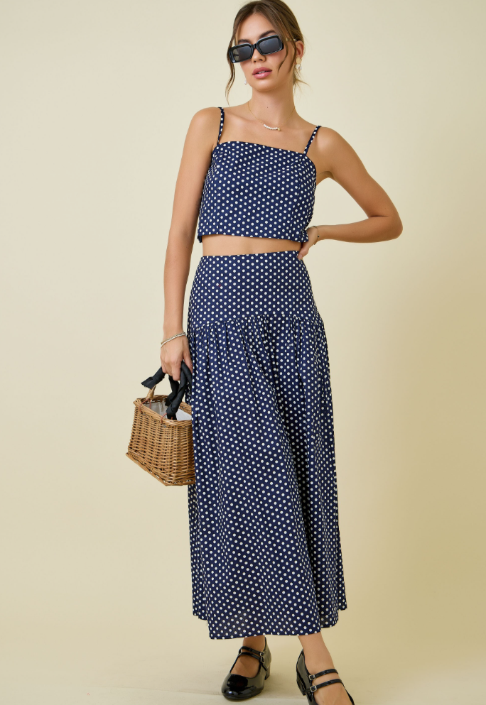 Polka Dot Curved Yoke Maxi Skirt