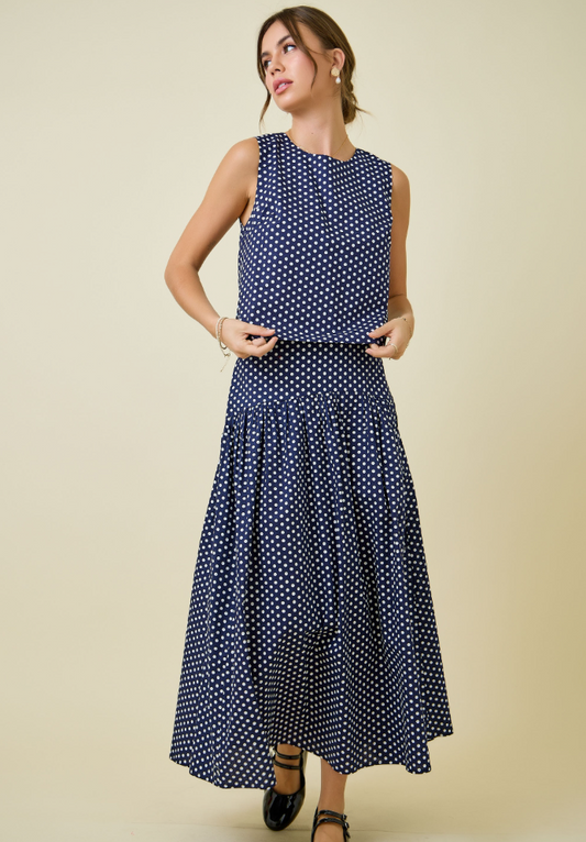 Polka Dot Curved Yoke Maxi Skirt