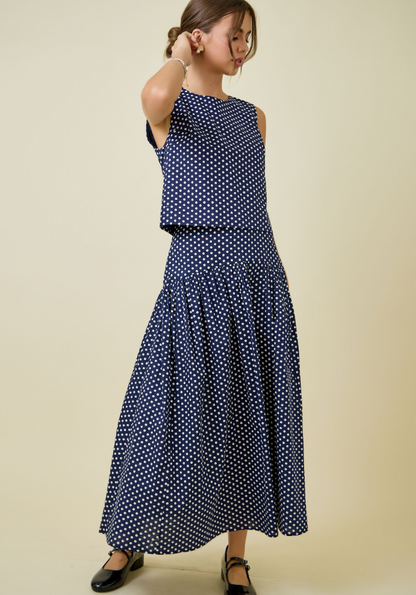 Polka Dot Curved Yoke Maxi Skirt