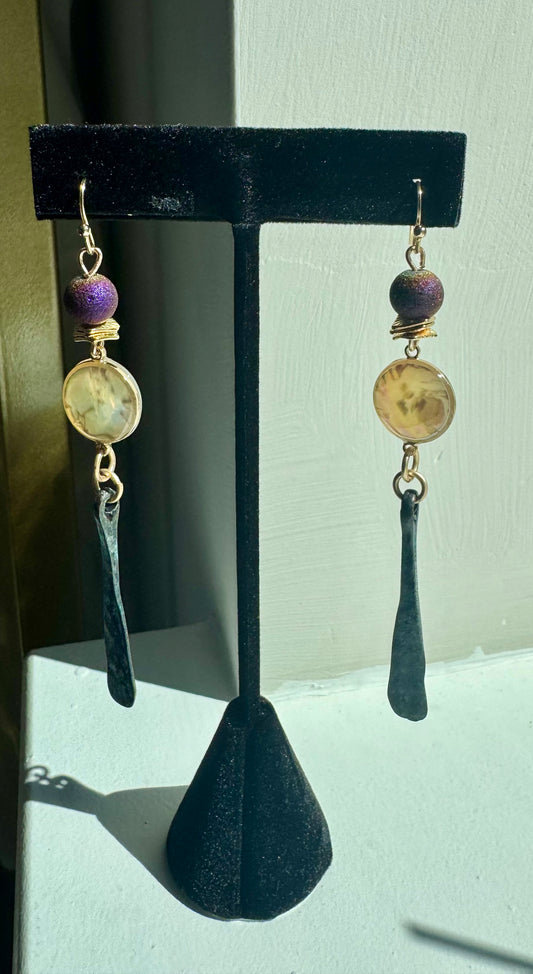 Sunset Amethyst & Brass Medallion Drop Earrings