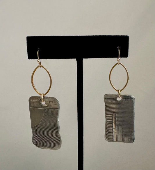 ﻿Textured Pewter Rectangle & Brass Hoop Earrings