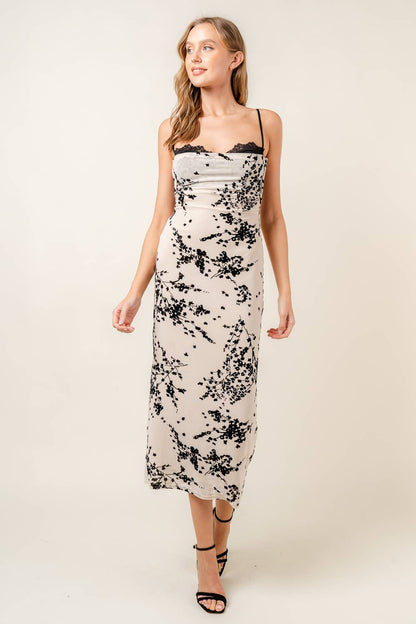 Black and Cream Floral Velvet Burnout Midi Dress