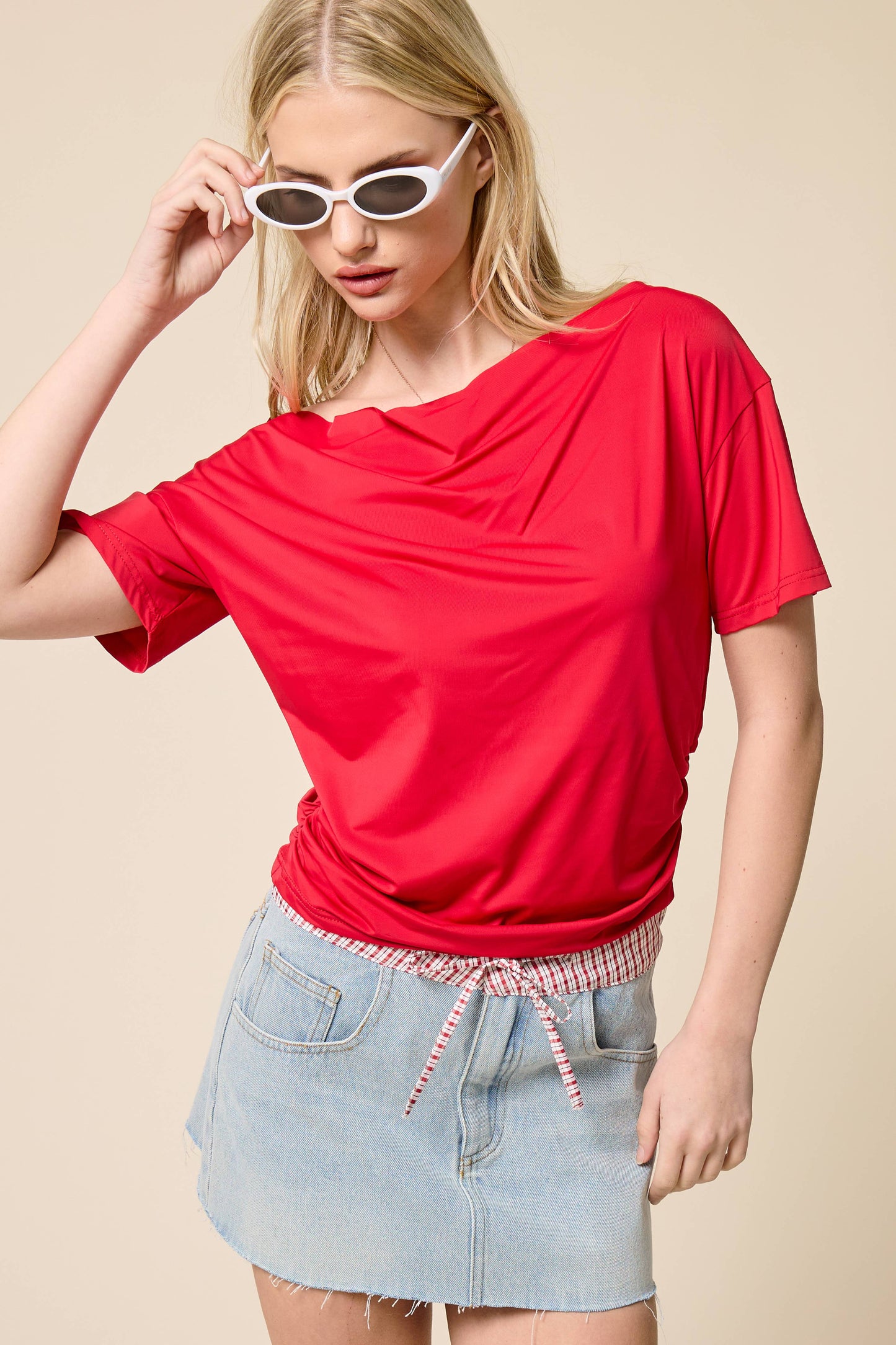 Ruched One Shoulder Short Sleeve Top