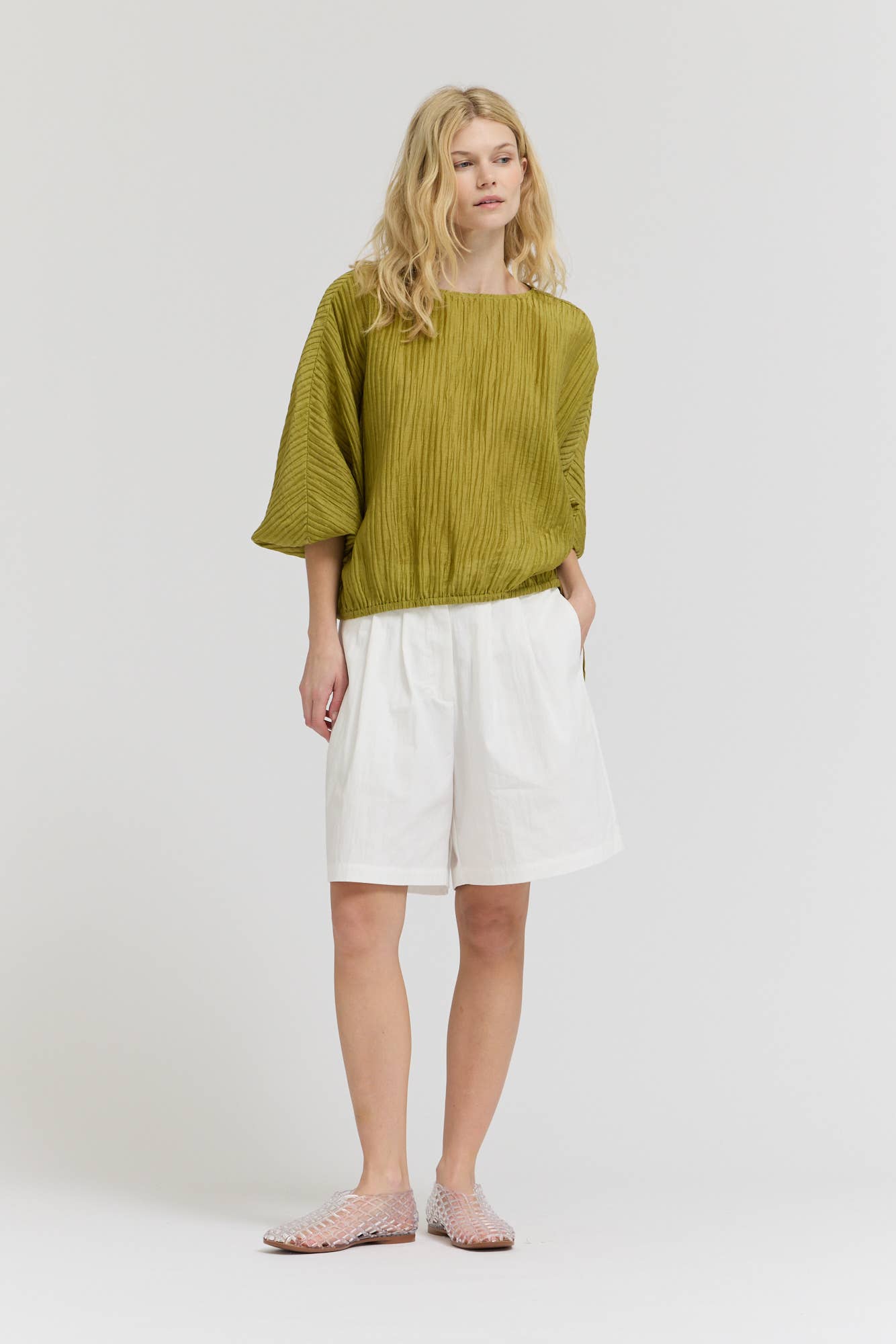 SHIRRED SLEEVE TENCEL BLOUSE