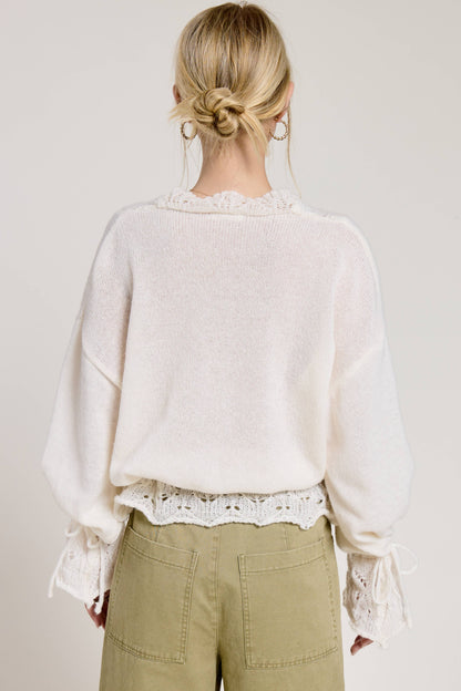 Crochet Lace Trim V Neck Knit Top